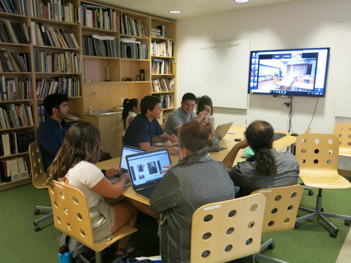 UA students in the sustainable built environments program prepare to interact via virtual exchange with their peers from the American University in Cairo. UA students in the sustainable built environments program prepare to interact via virtual exchange with their peers from the American University in Cairo.